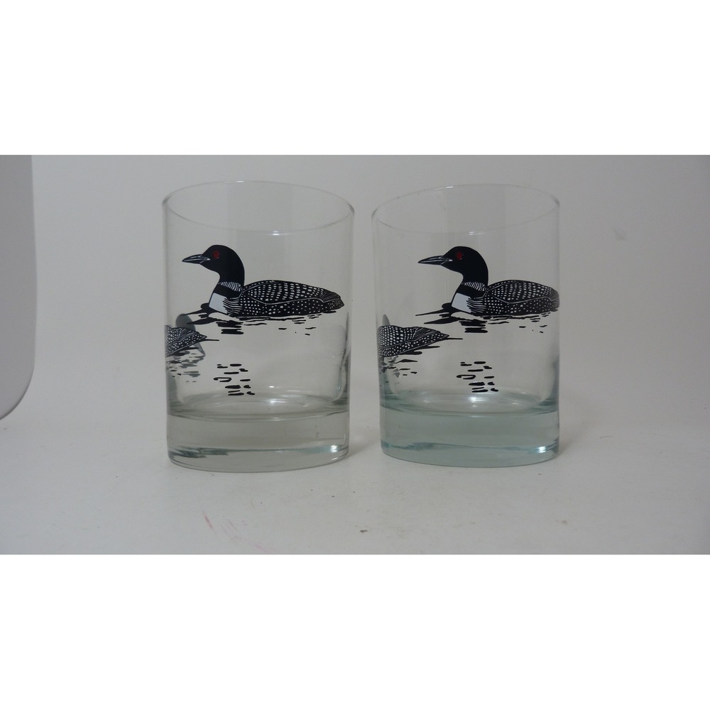 Vintage Common Loon Rocks Glasses Set of 2 Lowball Whiskey Barware Cabin Decor